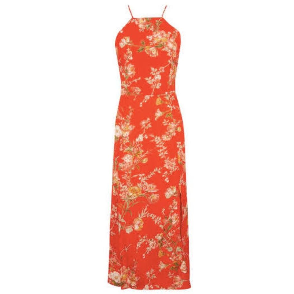 Topshop Orange Floral Maxi Dress Backless Strappy Summer Vacation Slit Size 8